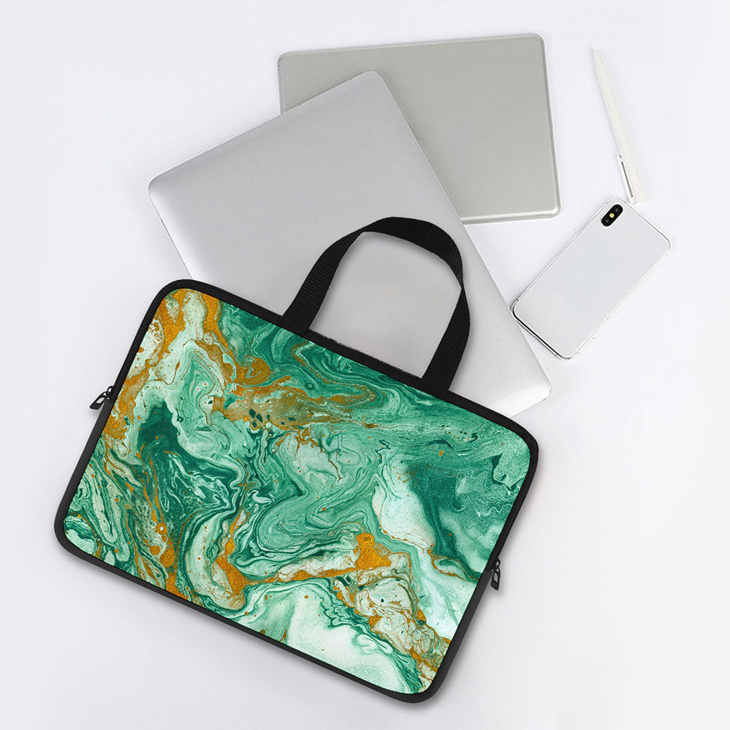Green Gold Liquid Marble Print Laptop Sleeve With Handle