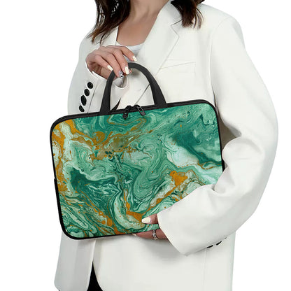 Green Gold Liquid Marble Print Laptop Sleeve With Handle
