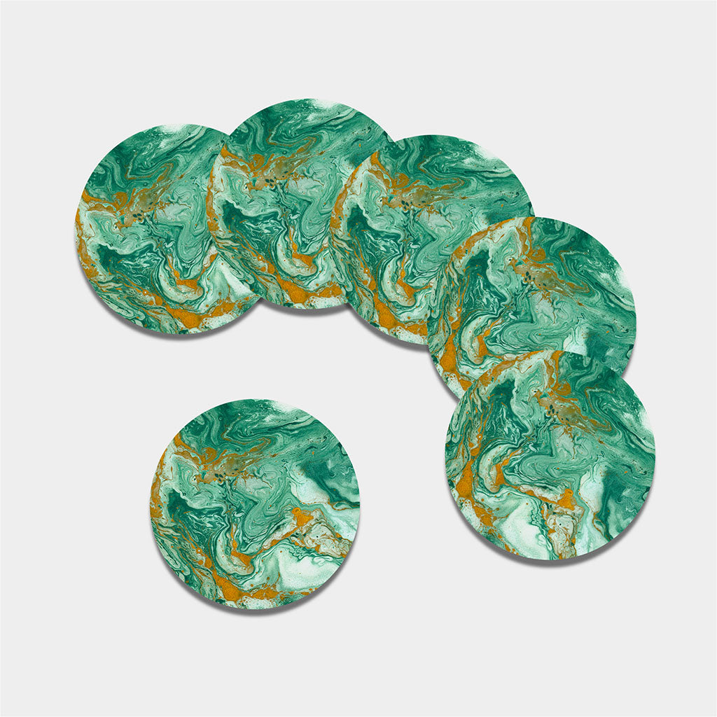 Green Gold Liquid Marble Print Leather Coaster Set