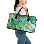 Green Gold Liquid Marble Print Leather Duffle Bag