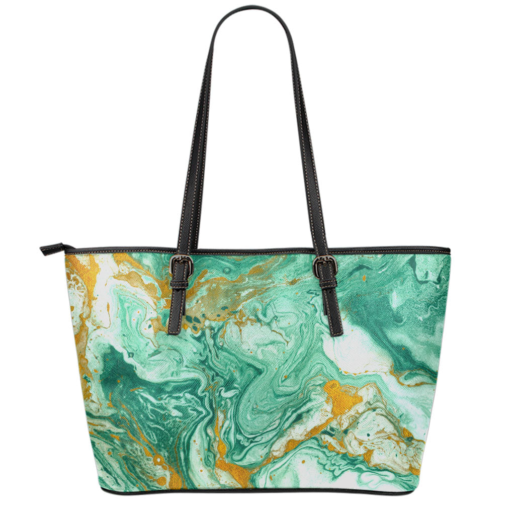 Green Gold Liquid Marble Print Leather Tote Bag
