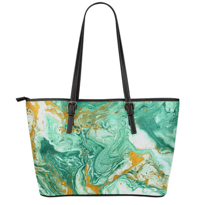 Green Gold Liquid Marble Print Leather Tote Bag