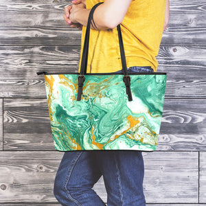 Green Gold Liquid Marble Print Leather Tote Bag