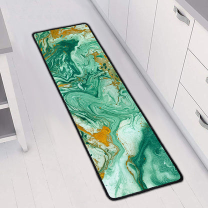 Green Gold Liquid Marble Print Long Kitchen Mat