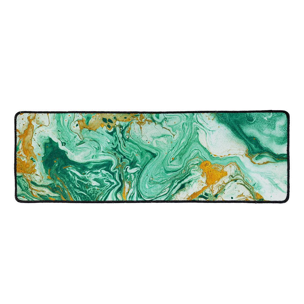 Green Gold Liquid Marble Print Long Kitchen Mat