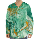 Green Gold Liquid Marble Print Long Sleeve Baseball Jersey
