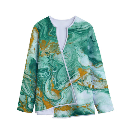 Green Gold Liquid Marble Print Long Sleeve Short Coat