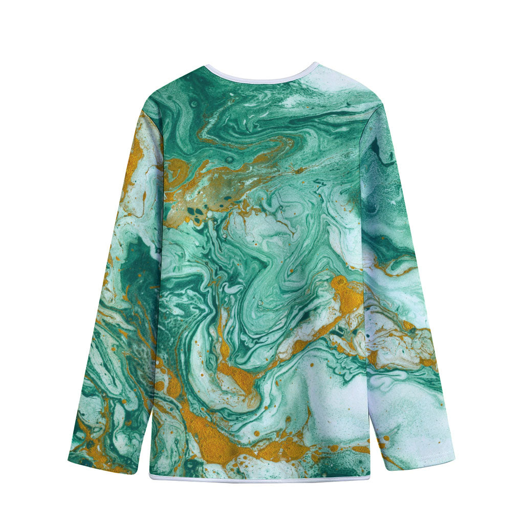 Green Gold Liquid Marble Print Long Sleeve Short Coat