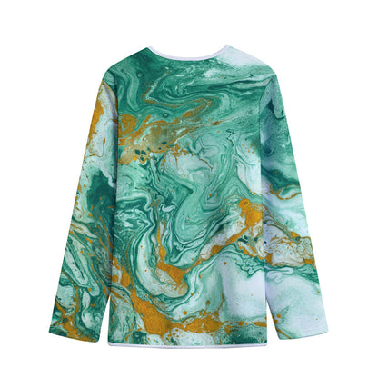 Green Gold Liquid Marble Print Long Sleeve Short Coat