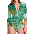 Green Gold Liquid Marble Print Long Sleeve Swimsuit