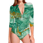 Green Gold Liquid Marble Print Long Sleeve Swimsuit