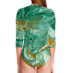 Green Gold Liquid Marble Print Long Sleeve Swimsuit