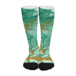Green Gold Liquid Marble Print Long Socks