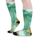 Green Gold Liquid Marble Print Long Socks