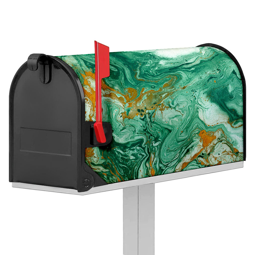 Green Gold Liquid Marble Print Mailbox Cover