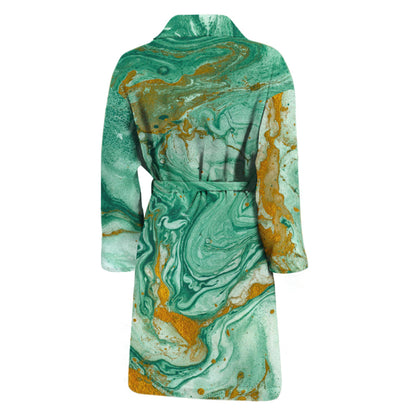 Green Gold Liquid Marble Print Men's Bathrobe