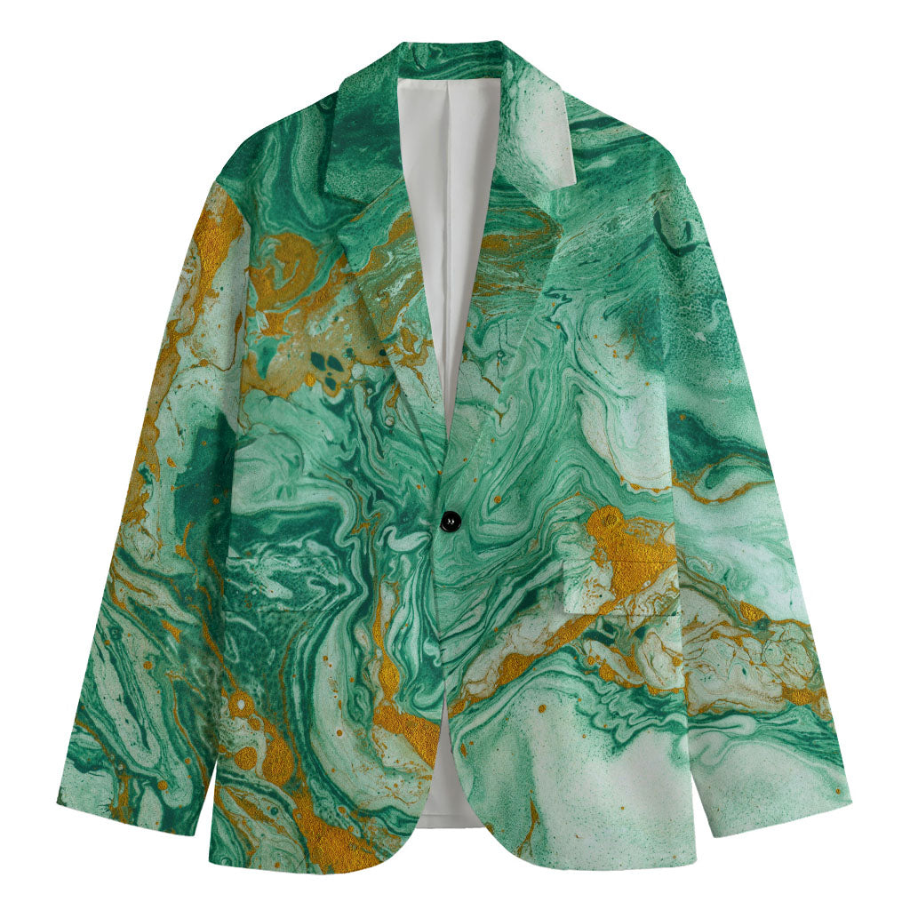 Green Gold Liquid Marble Print Men's Blazer