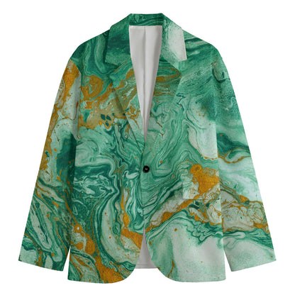 Green Gold Liquid Marble Print Men's Blazer