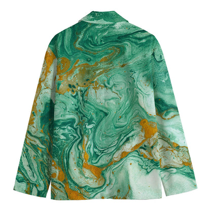 Green Gold Liquid Marble Print Men's Blazer