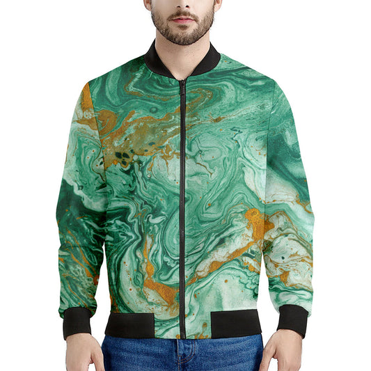 Green Gold Liquid Marble Print Men's Bomber Jacket