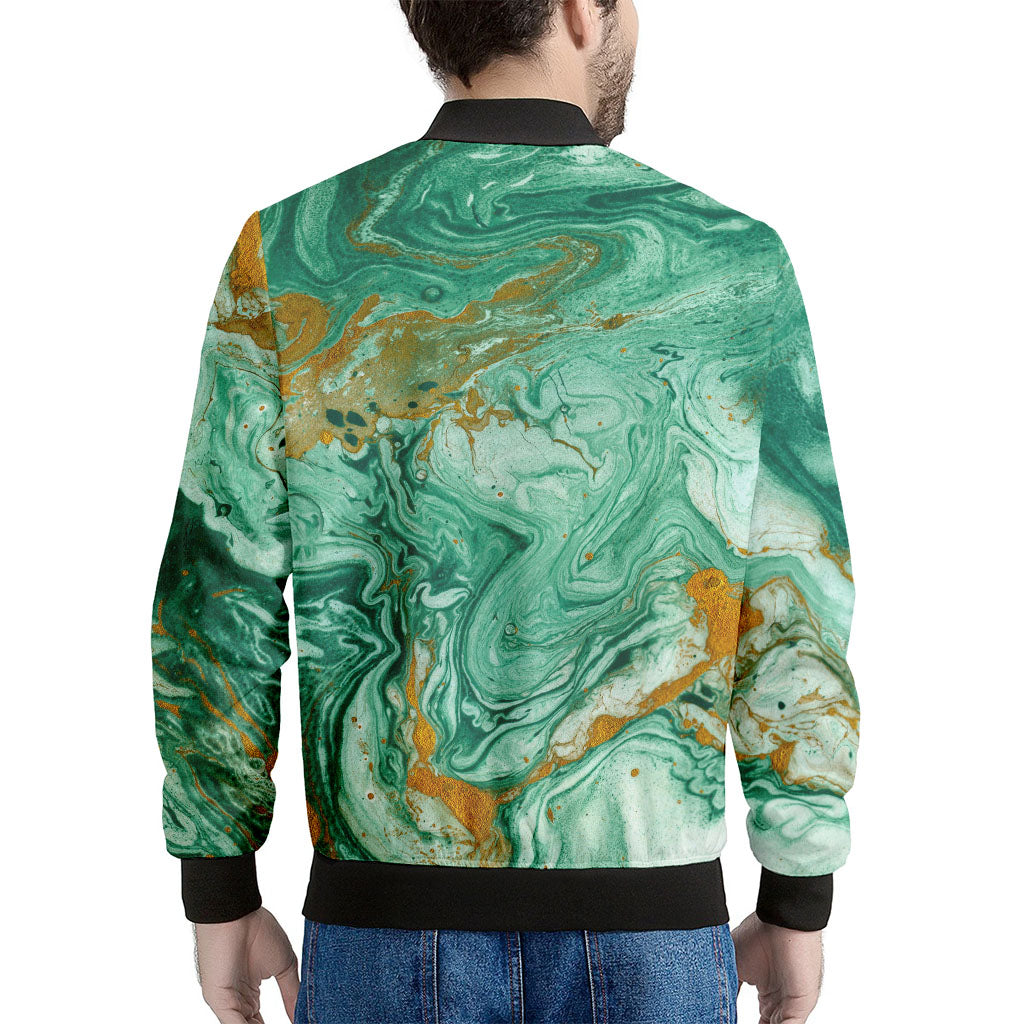 Green Gold Liquid Marble Print Men's Bomber Jacket