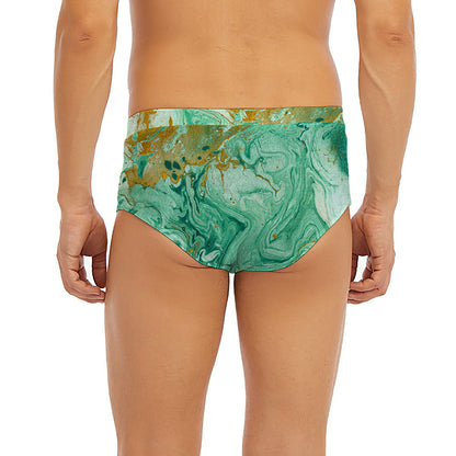 Green Gold Liquid Marble Print Men's Briefs