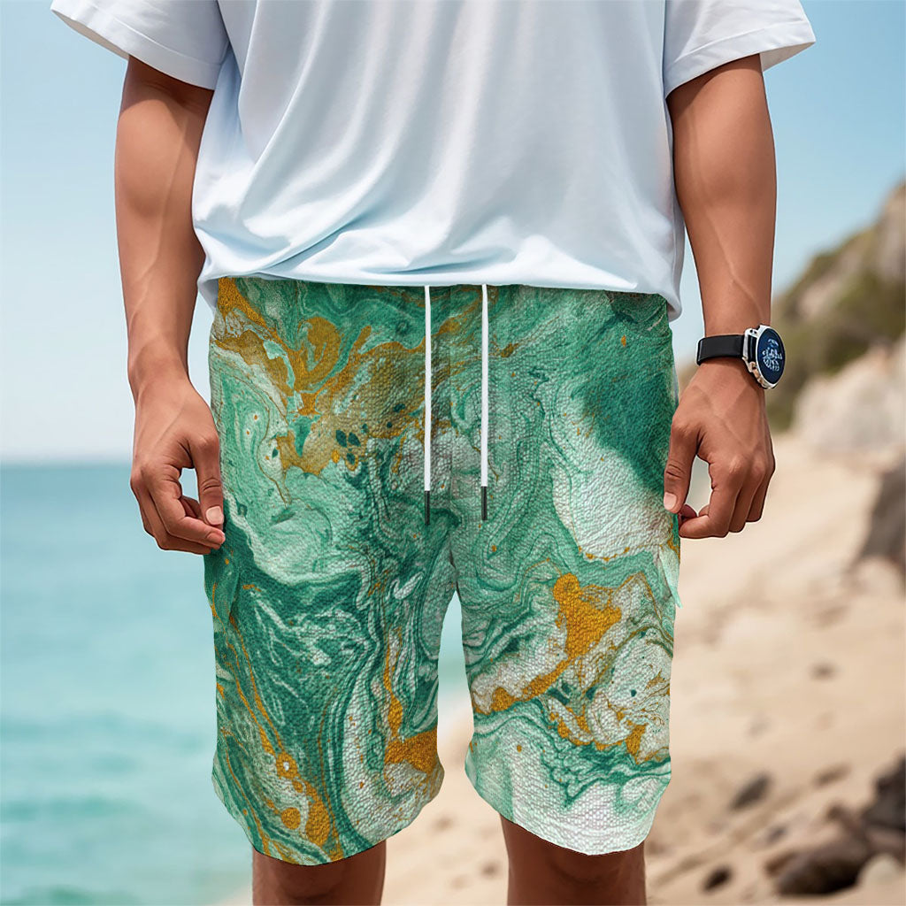 Green Gold Liquid Marble Print Men's Cargo Shorts