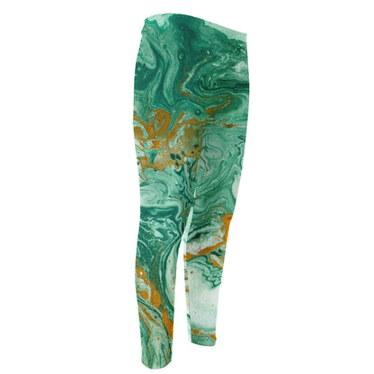 Green Gold Liquid Marble Print Men's Compression Pants