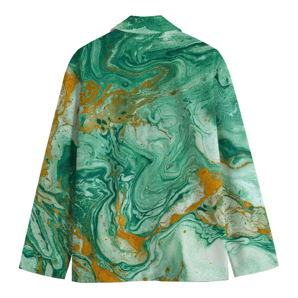 Green Gold Liquid Marble Print Men's Cotton Blazer