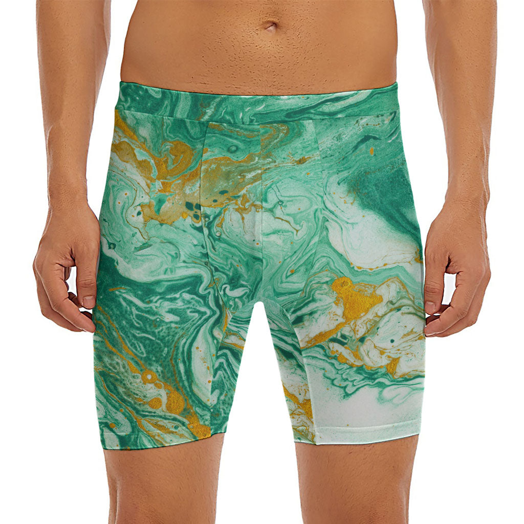 Green Gold Liquid Marble Print Men's Long Boxer Briefs