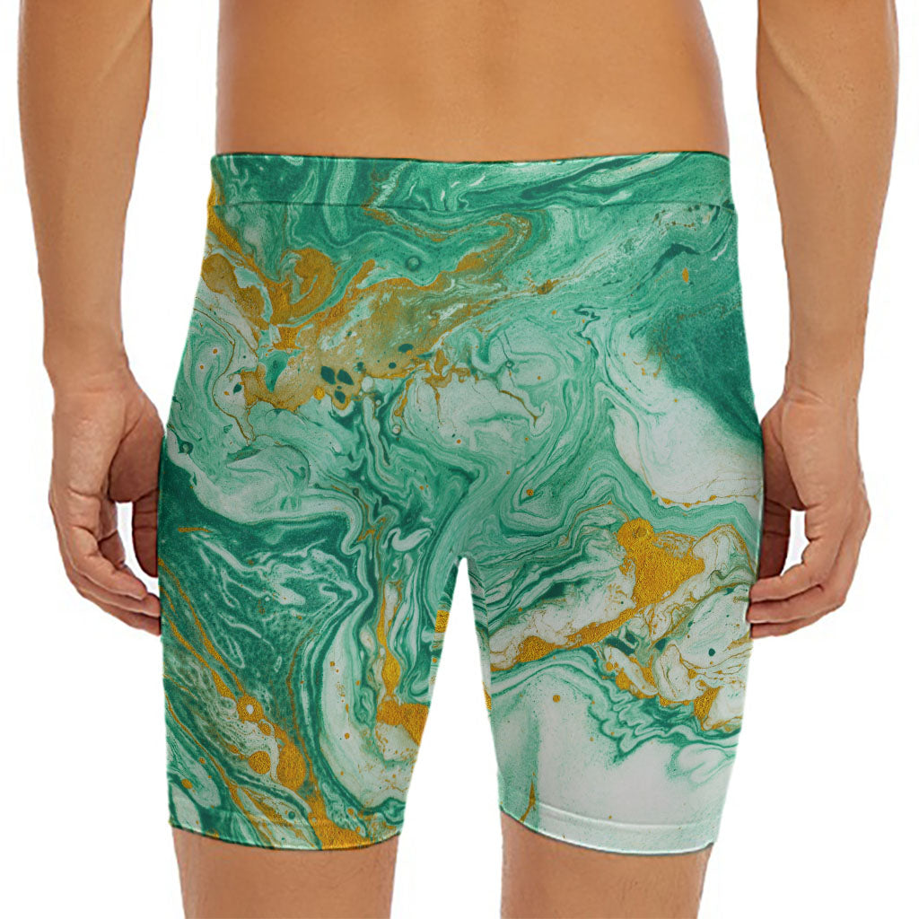 Green Gold Liquid Marble Print Men's Long Boxer Briefs