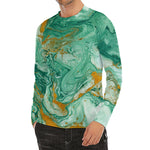 Green Gold Liquid Marble Print Men's Long Sleeve Rash Guard