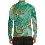 Green Gold Liquid Marble Print Men's Long Sleeve Rash Guard