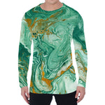Green Gold Liquid Marble Print Men's Long Sleeve T-Shirt