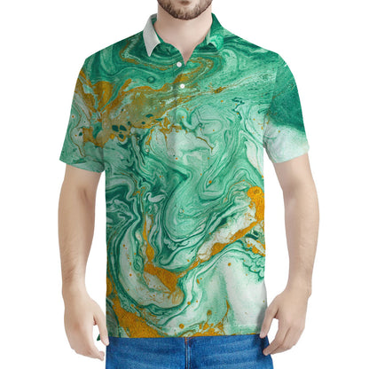 Green Gold Liquid Marble Print Men's Polo Shirt