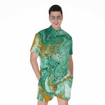 Green Gold Liquid Marble Print Men's Rompers