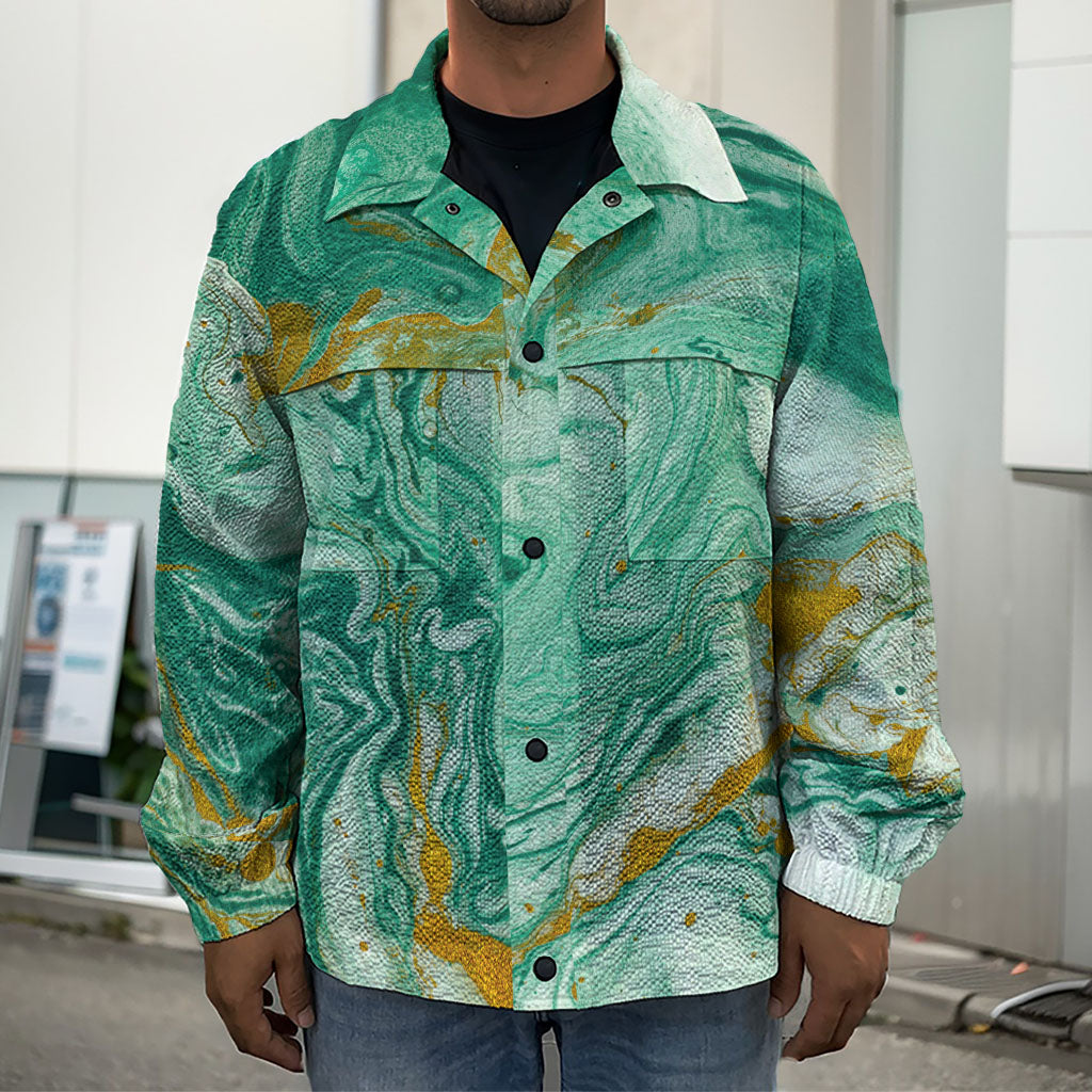 Green Gold Liquid Marble Print Men's Shirt Jacket