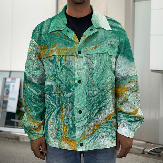 Green Gold Liquid Marble Print Men's Shirt Jacket