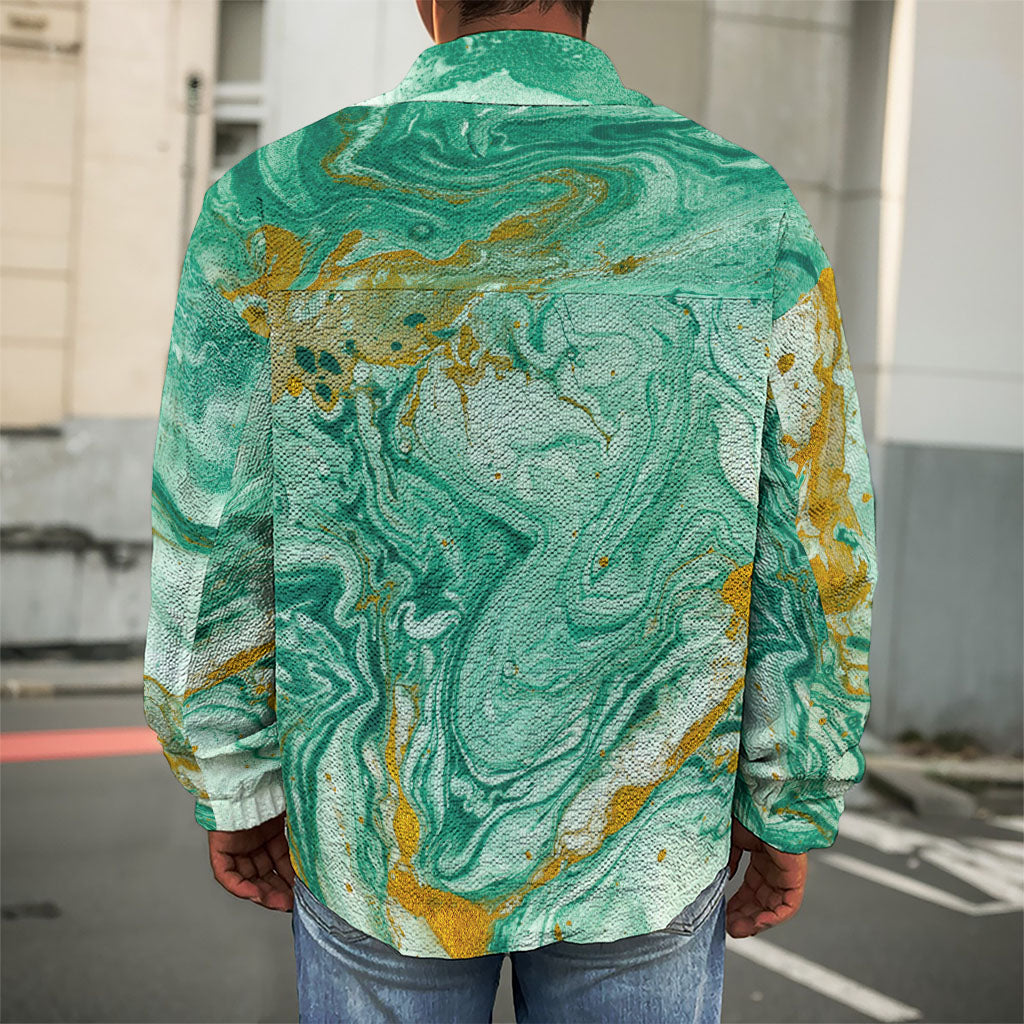 Green Gold Liquid Marble Print Men's Shirt Jacket