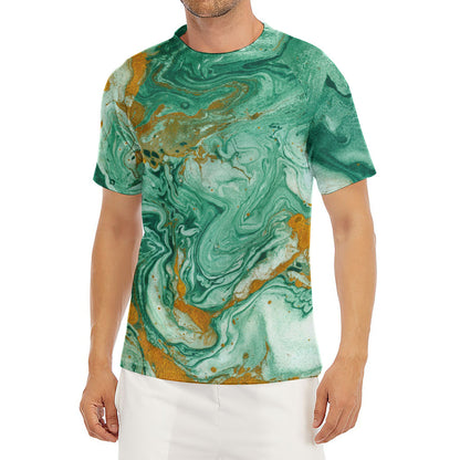 Green Gold Liquid Marble Print Men's Short Sleeve Rash Guard