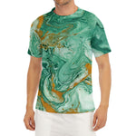 Green Gold Liquid Marble Print Men's Short Sleeve Rash Guard