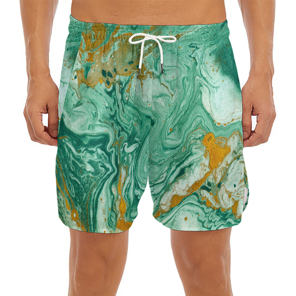 Green Gold Liquid Marble Print Men's Split Running Shorts