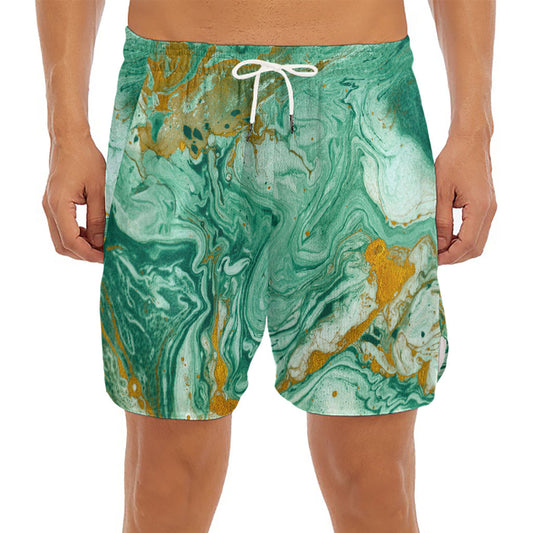 Green Gold Liquid Marble Print Men's Split Running Shorts
