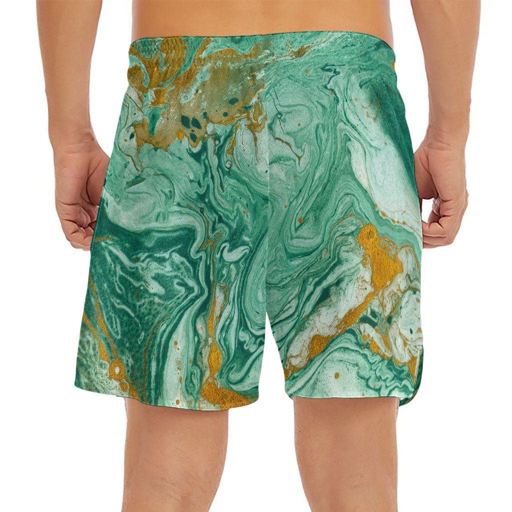 Green Gold Liquid Marble Print Men's Split Running Shorts