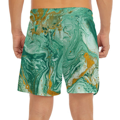 Green Gold Liquid Marble Print Men's Split Running Shorts