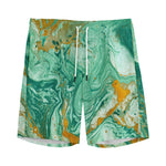 Green Gold Liquid Marble Print Men's Sports Shorts