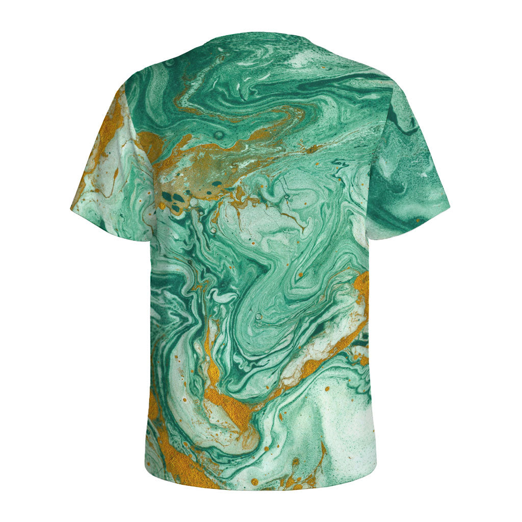 Green Gold Liquid Marble Print Men's Sports T-Shirt