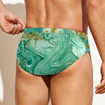 Green Gold Liquid Marble Print Men's Swim Briefs