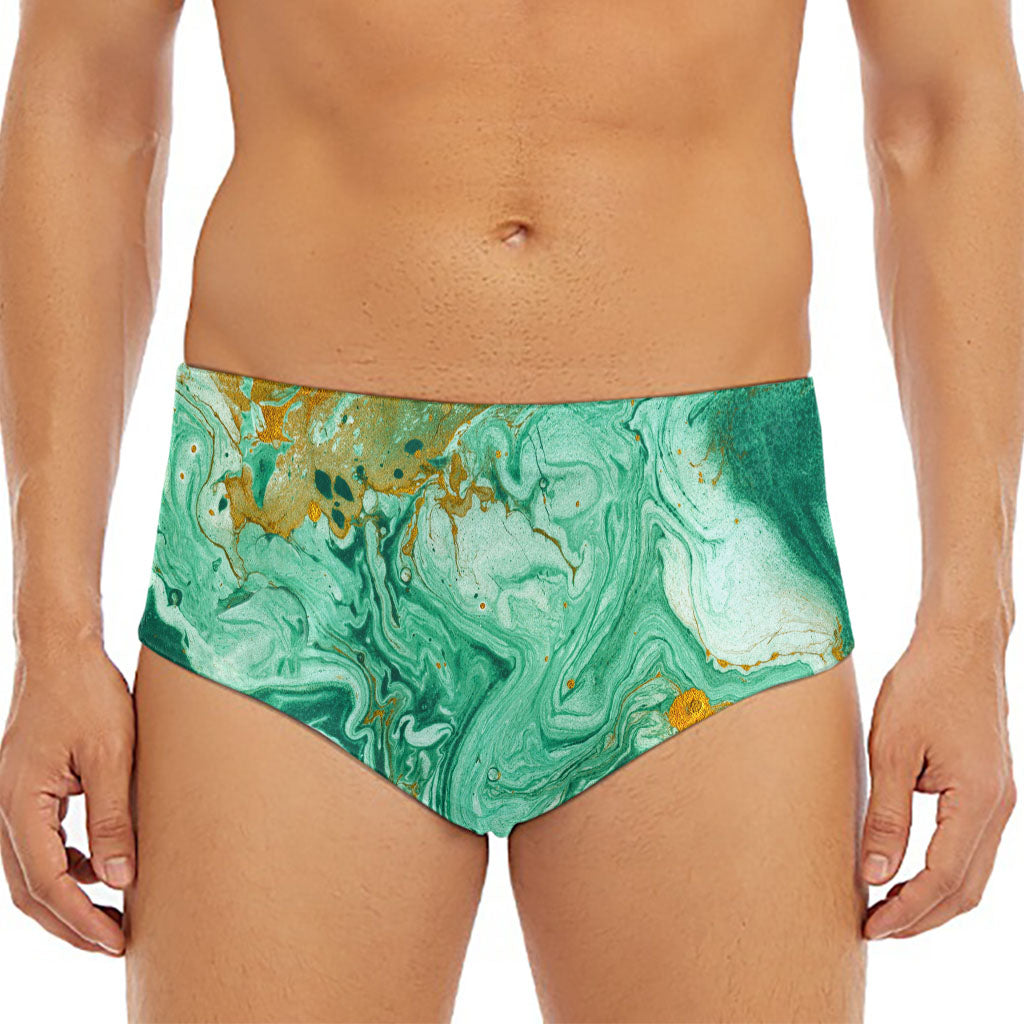 Green Gold Liquid Marble Print Men's Triangle Swim Briefs