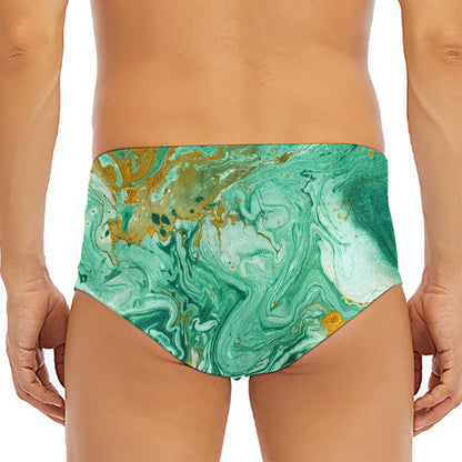 Green Gold Liquid Marble Print Men's Triangle Swim Briefs